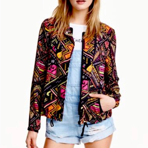 H&M Coachella Jackets & Blazers - H&M Coachella | Black Multi Colored Design Light Event Concert Zip Up Jacket